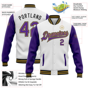 Custom White Purple Old Gold-Black Bomber Full-Snap Varsity Letterman Two Tone Jacket