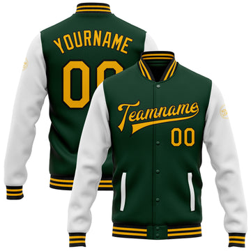 Custom Green Gold-Black Bomber Full-Snap Varsity Letterman Two Tone Jacket