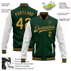 Custom Green Old Gold-Black Bomber Full-Snap Varsity Letterman Two Tone Jacket