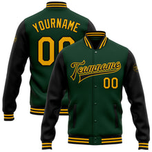 Load image into Gallery viewer, Custom Green Gold-Black Bomber Full-Snap Varsity Letterman Two Tone Jacket
