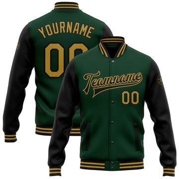 Custom Green Old Gold-Black Bomber Full-Snap Varsity Letterman Two Tone Jacket