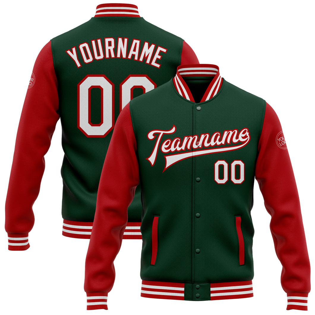 Custom Green White-Red Bomber Full-Snap Varsity Letterman Two Tone Jacket