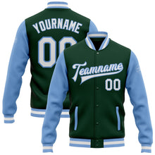 Load image into Gallery viewer, Custom Green White-Light Blue Bomber Full-Snap Varsity Letterman Two Tone Jacket
