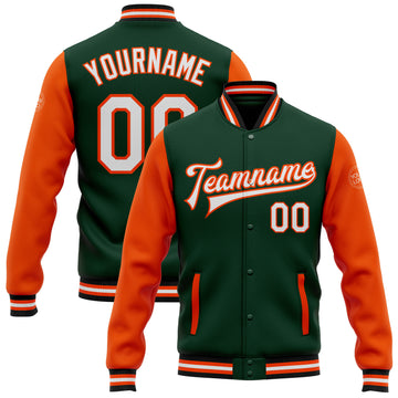 Custom Green White Orange-Black Bomber Full-Snap Varsity Letterman Two Tone Jacket