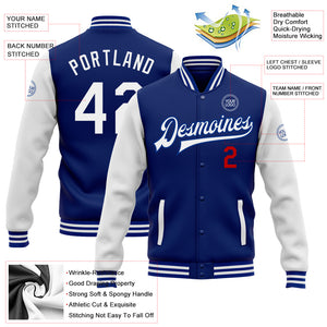 Custom Royal White-Red Bomber Full-Snap Varsity Letterman Two Tone Jacket