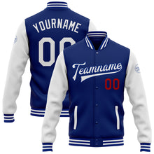 Load image into Gallery viewer, Custom Royal White-Red Bomber Full-Snap Varsity Letterman Two Tone Jacket
