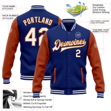 Load image into Gallery viewer, Custom Royal White-Texas Orange Bomber Full-Snap Varsity Letterman Two Tone Jacket
