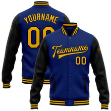 Load image into Gallery viewer, Custom Royal Gold-Black Bomber Full-Snap Varsity Letterman Two Tone Jacket
