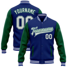 Load image into Gallery viewer, Custom Royal White-Kelly Green Bomber Full-Snap Varsity Letterman Two Tone Jacket

