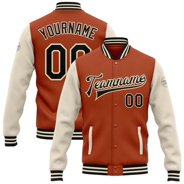 Custom Texas Orange Black-Cream Bomber Full-Snap Varsity Letterman Two Tone Jacket