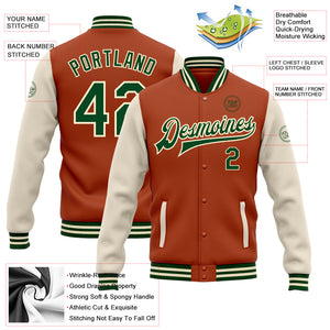 Custom Texas Orange Green-Cream Bomber Full-Snap Varsity Letterman Two Tone Jacket