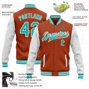 Custom Texas Orange Aqua-White Bomber Full-Snap Varsity Letterman Two Tone Jacket