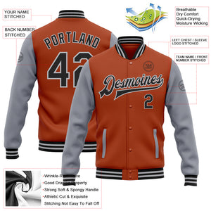 Custom Texas Orange Black-Gray Bomber Full-Snap Varsity Letterman Two Tone Jacket