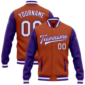 Custom Texas Orange White-Purple Bomber Full-Snap Varsity Letterman Two Tone Jacket