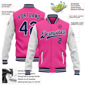 Custom Pink Navy-White Bomber Full-Snap Varsity Letterman Two Tone Jacket