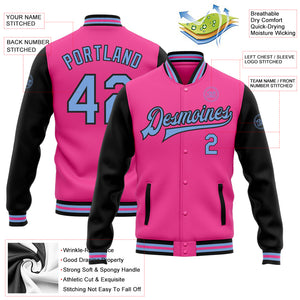 Custom Pink Light Blue-Black Bomber Full-Snap Varsity Letterman Two Tone Jacket