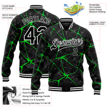 Load image into Gallery viewer, Custom Black Neon Green 3D Pattern Design Bomber Full-Snap Varsity Letterman Jacket
