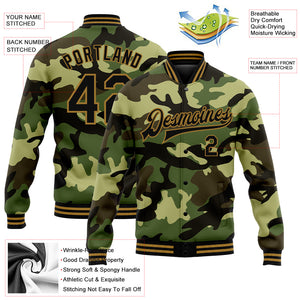 Custom Camo Black-Old Gold Jungle Camouflage 3D Bomber Full-Snap Varsity Letterman Salute To Service Jacket