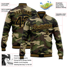 Load image into Gallery viewer, Custom Camo Black-Old Gold Jungle Camouflage 3D Bomber Full-Snap Varsity Letterman Salute To Service Jacket
