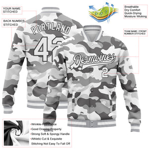 Custom Camo White-Steel Gray Snow Camouflage 3D Bomber Full-Snap Varsity Letterman Salute To Service Jacket