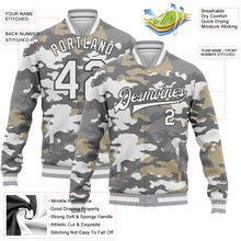 Load image into Gallery viewer, Custom Camo White-Steel Gray Snow Camouflage 3D Bomber Full-Snap Varsity Letterman Salute To Service Jacket
