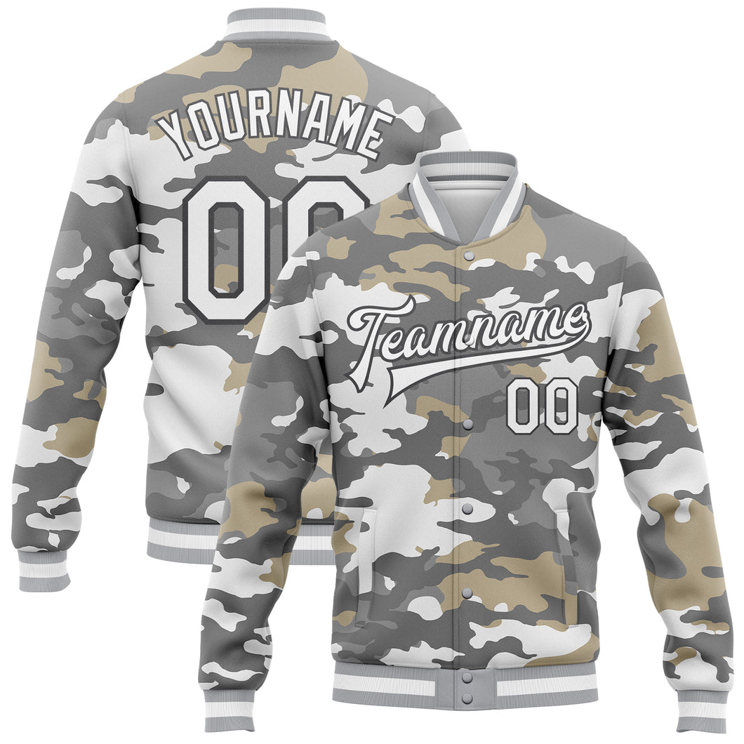 Custom Camo White-Steel Gray Snow Camouflage 3D Bomber Full-Snap Varsity Letterman Salute To Service Jacket