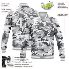 Load image into Gallery viewer, Custom Camo White-Steel Gray Snow Camouflage 3D Bomber Full-Snap Varsity Letterman Salute To Service Jacket
