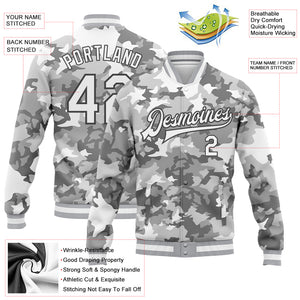 Custom Camo White-Steel Gray Snow Camouflage 3D Bomber Full-Snap Varsity Letterman Salute To Service Jacket