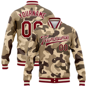 Custom Camo Maroon-Cream Desert Camouflage 3D Bomber Full-Snap Varsity Letterman Salute To Service Jacket