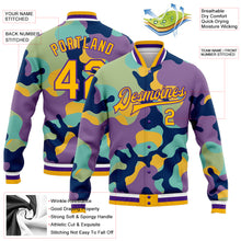 Load image into Gallery viewer, Custom Camo Gold-Purple Fluorescent Camouflage 3D Bomber Full-Snap Varsity Letterman Salute To Service Jacket
