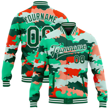 Custom Camo Kelly Green-White Fluorescent Camouflage 3D Bomber Full-Snap Varsity Letterman Salute To Service Jacket