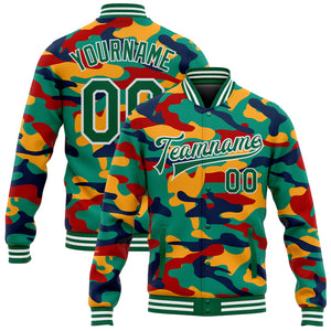 Custom Camo Kelly Green-White Fluorescent Camouflage 3D Bomber Full-Snap Varsity Letterman Salute To Service Jacket