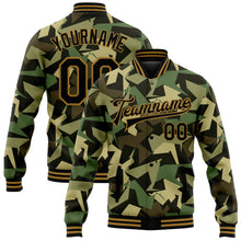 Load image into Gallery viewer, Custom Camo Black-Old Gold Geometric Camouflage 3D Bomber Full-Snap Varsity Letterman Salute To Service Jacket
