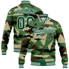 Load image into Gallery viewer, Custom Camo Kelly Green-White Geometric Camouflage 3D Bomber Full-Snap Varsity Letterman Salute To Service Jacket
