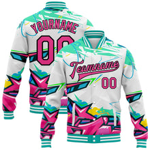 Load image into Gallery viewer, Custom Graffiti Pattern Pink-Black Abstract Splashes 3D Bomber Full-Snap Varsity Letterman Jacket
