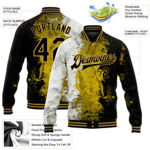 Load image into Gallery viewer, Custom Graffiti Pattern Black-Old Gold Grunge Art 3D Bomber Full-Snap Varsity Letterman Jacket
