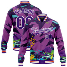 Load image into Gallery viewer, Custom Graffiti Pattern Purple-White Trendy Abstract Urban Street Art 3D Bomber Full-Snap Varsity Letterman Jacket
