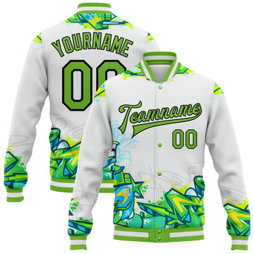 Custom Graffiti Pattern Neon Green-Black Trendy Abstract Urban Street Art 3D Bomber Full-Snap Varsity Letterman Jacket