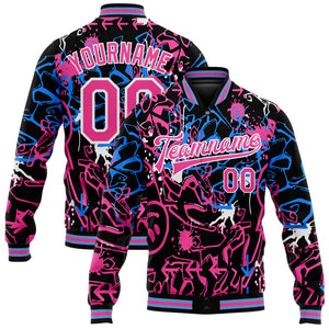 Custom Graffiti Pattern Pink-White Abstract Grunge Art 3D Bomber Full-Snap Varsity Letterman Jacket