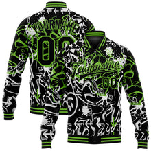 Load image into Gallery viewer, Custom Graffiti Pattern Black-Neon Green Abstract Grunge Art 3D Bomber Full-Snap Varsity Letterman Jacket
