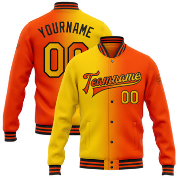 Custom Orange Yellow-Black Bomber Full-Snap Varsity Letterman Gradient Fashion Jacket