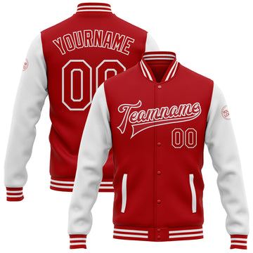 Custom Red White Bomber Full-Snap Varsity Letterman Two Tone Jacket