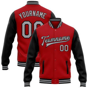 Custom Red Gray-Black Bomber Full-Snap Varsity Letterman Two Tone Jacket