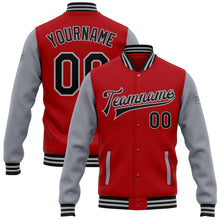 Load image into Gallery viewer, Custom Red Black-Gray Bomber Full-Snap Varsity Letterman Two Tone Jacket
