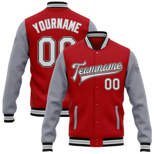 Custom Red White Black-Gray Bomber Full-Snap Varsity Letterman Two Tone Jacket