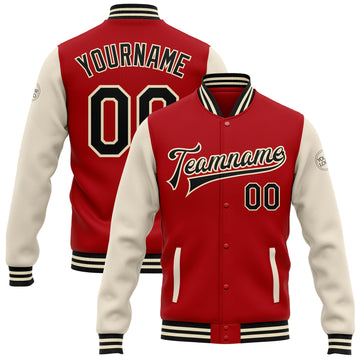 Custom Red Black-Cream Bomber Full-Snap Varsity Letterman Two Tone Jacket