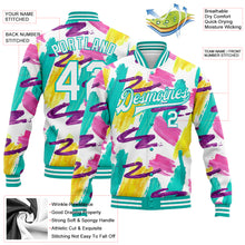 Load image into Gallery viewer, Custom Graffiti Pattern White-Aqua Abstract Watercolor 3D Bomber Full-Snap Varsity Letterman Jacket
