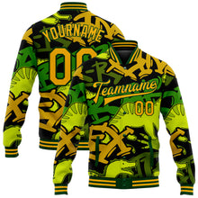 Load image into Gallery viewer, Custom Graffiti Pattern Gold-Green Grunge Art With Dinosaur And Words 3D Bomber Full-Snap Varsity Letterman Jacket
