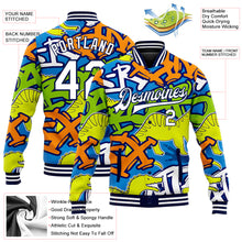 Load image into Gallery viewer, Custom Graffiti Pattern White-Navy Grunge Art With Dinosaur And Words 3D Bomber Full-Snap Varsity Letterman Jacket
