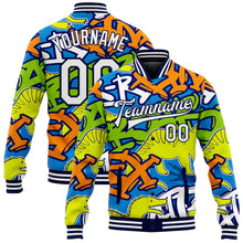 Load image into Gallery viewer, Custom Graffiti Pattern White-Navy Grunge Art With Dinosaur And Words 3D Bomber Full-Snap Varsity Letterman Jacket
